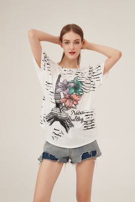 Parisian Tower Floral Print Lace-Shoulder Loose White T-Shirt
