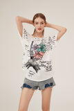 Parisian Tower Floral Print Lace-Shoulder Loose White T-Shirt