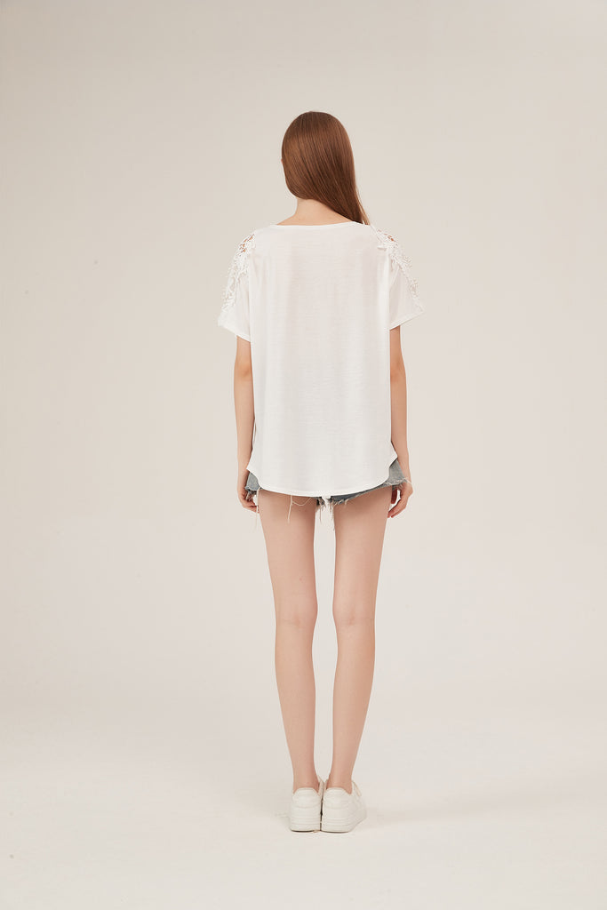 Parisian Tower Floral Print Lace-Shoulder Loose White T-Shirt