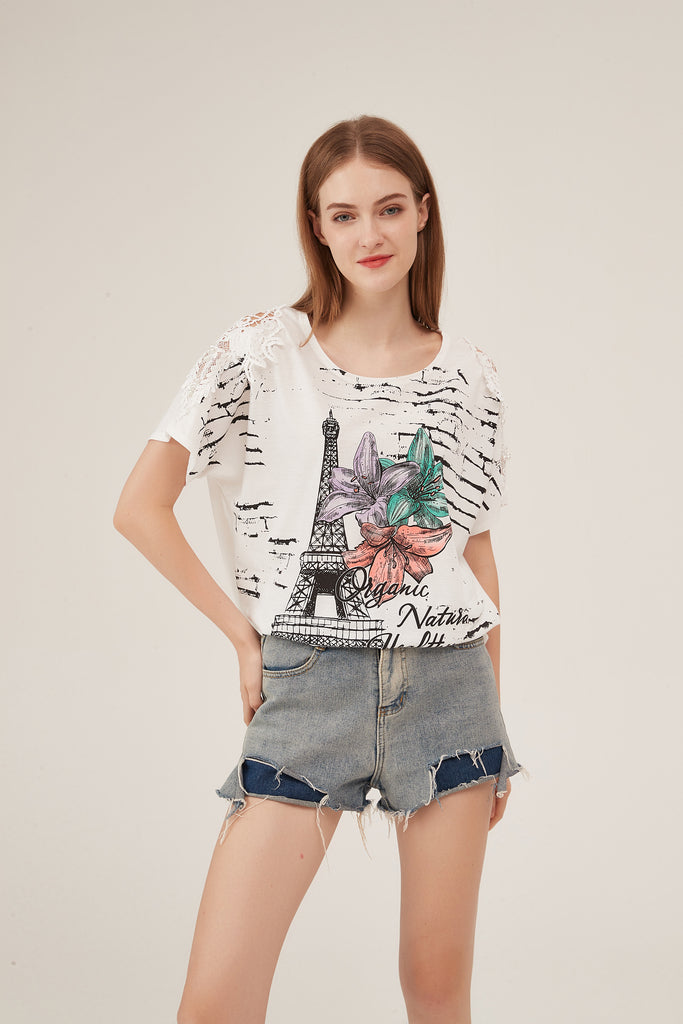 Parisian Tower Floral Print Lace-Shoulder Loose White T-Shirt