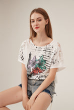 Load image into Gallery viewer, Parisian Tower Floral Print Lace-Shoulder Loose White T-Shirt