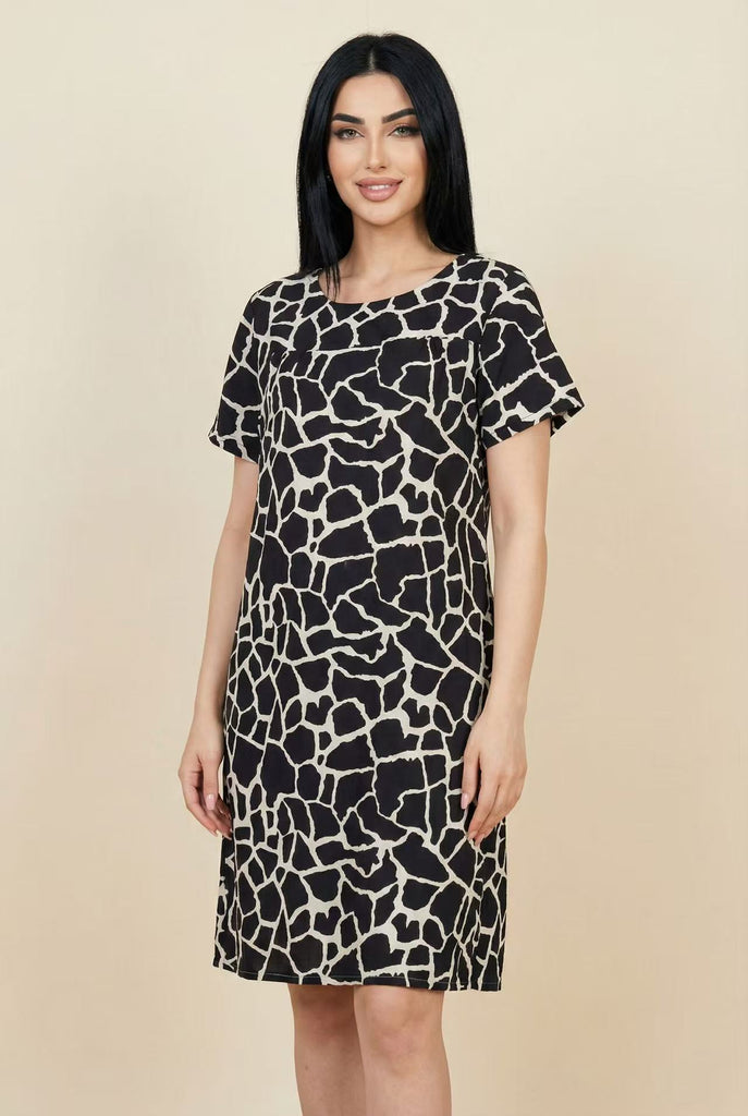 Short-Sleeve Abstract Print Shift Dress (Multiple Styles Available)