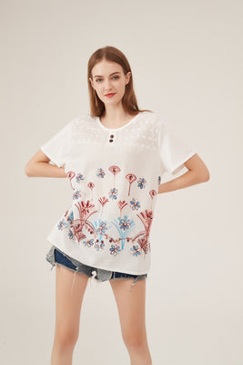 Artistic Floral Embroidery Eyelet Detail Loose White Blouse