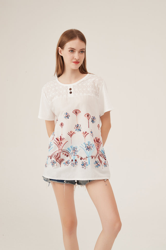 Artistic Floral Embroidery Eyelet Detail Loose White Blouse