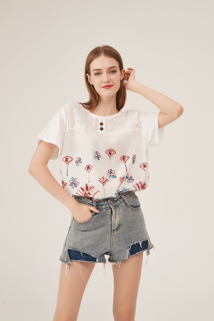 Artistic Floral Embroidery Eyelet Detail Loose White Blouse