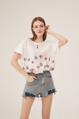 Artistic Floral Embroidery Eyelet Detail Loose White Blouse