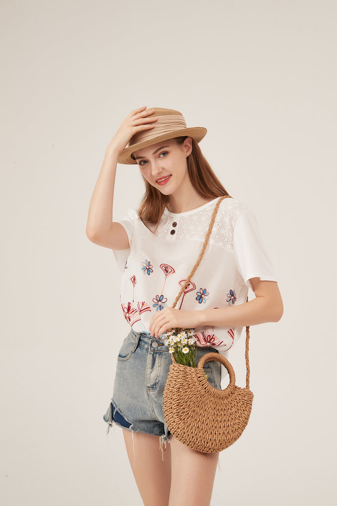 Artistic Floral Embroidery Eyelet Detail Loose White Blouse