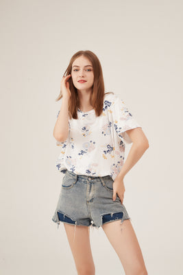 Vintage Watercolor Floral Loose White Blouse