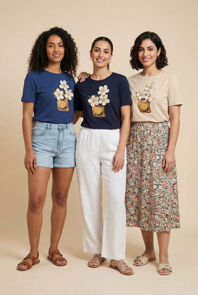 3D Flower-Appliqué Short-Sleeve Tee (Multiple Color Options)