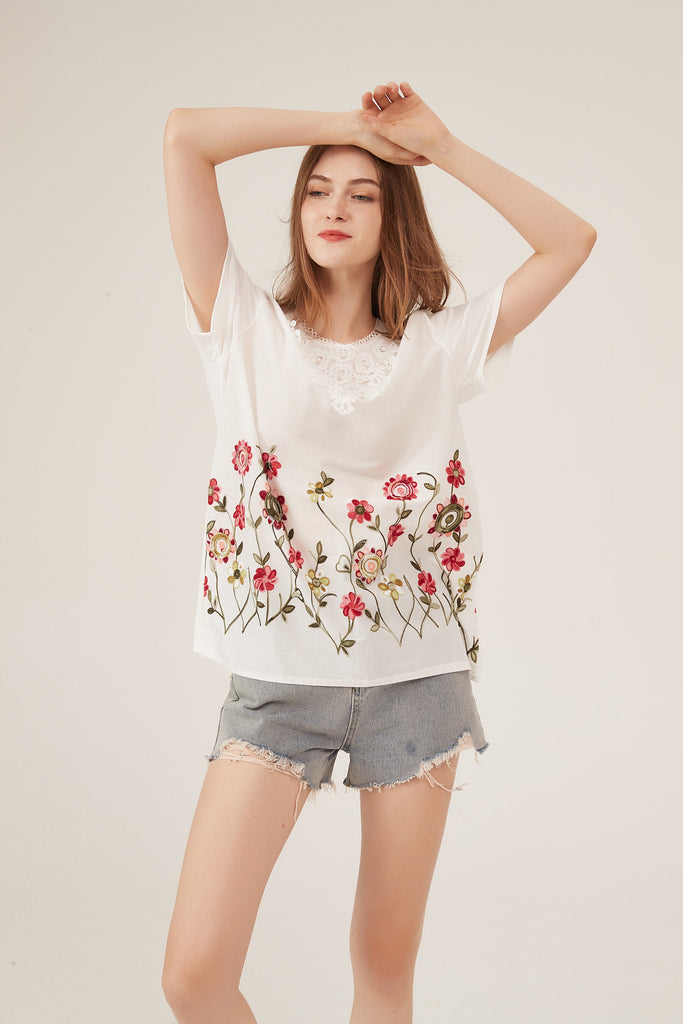 French Lace Collar Floral Embroidery Loose White T-Shirt