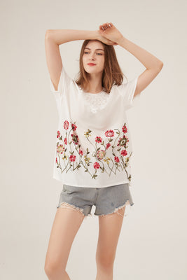 French Lace Collar Floral Embroidery Loose White T-Shirt