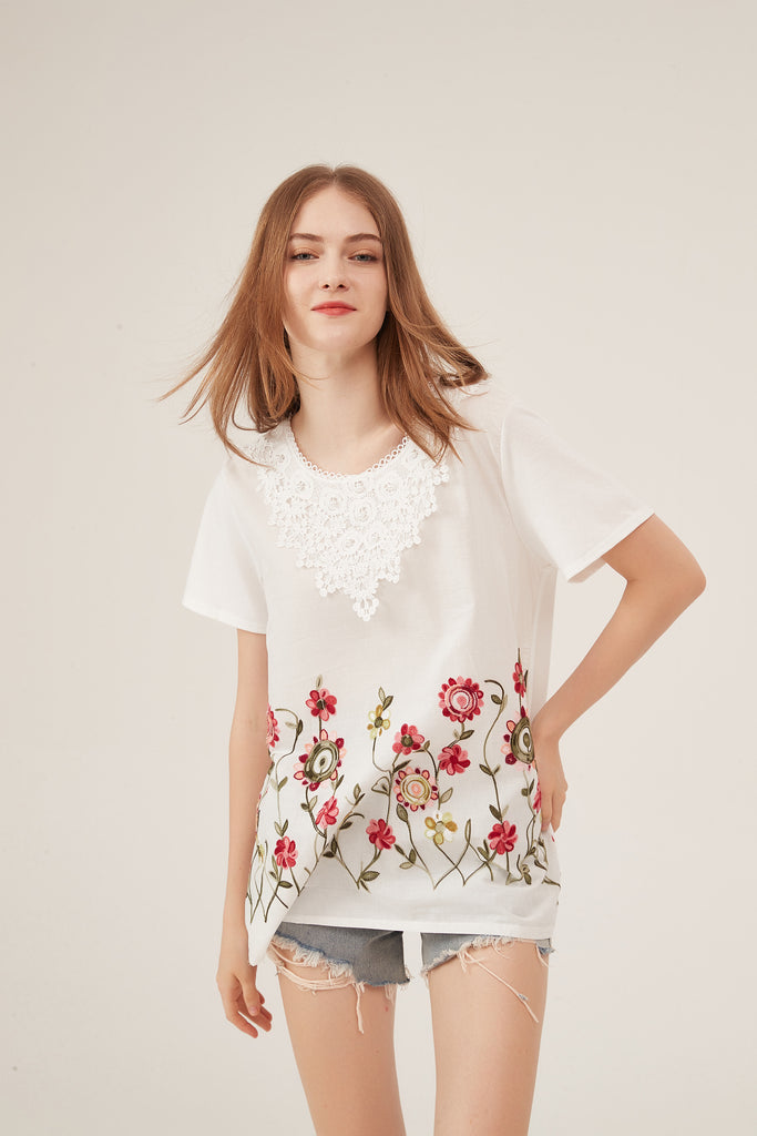 French Lace Collar Floral Embroidery Loose White T-Shirt