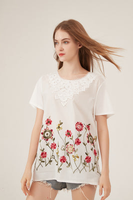 French Lace Collar Floral Embroidery Loose White T-Shirt