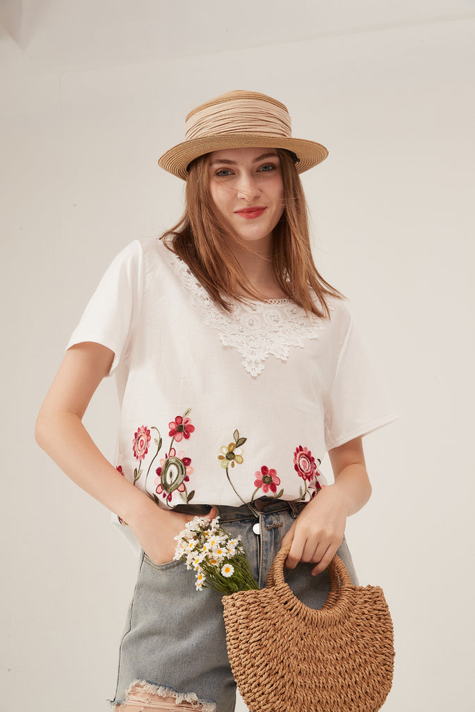 French Lace Collar Floral Embroidery Loose White T-Shirt