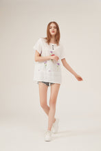 Load image into Gallery viewer, Lace Panel Floral Embroidery Button-Detail Loose White Blouse
