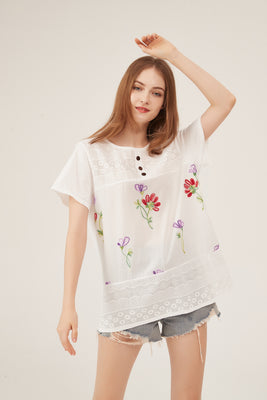 Lace Panel Floral Embroidery Button-Detail Loose White Blouse