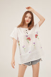 Lace Panel Floral Embroidery Button-Detail Loose White Blouse