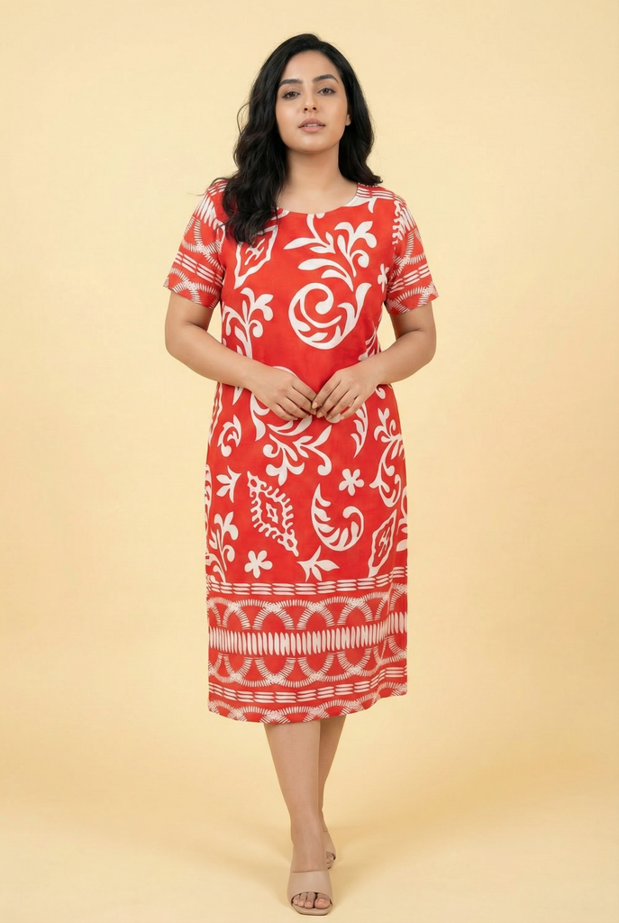 Red & White Paisley-Pattern Loose-Fit Midi Dress