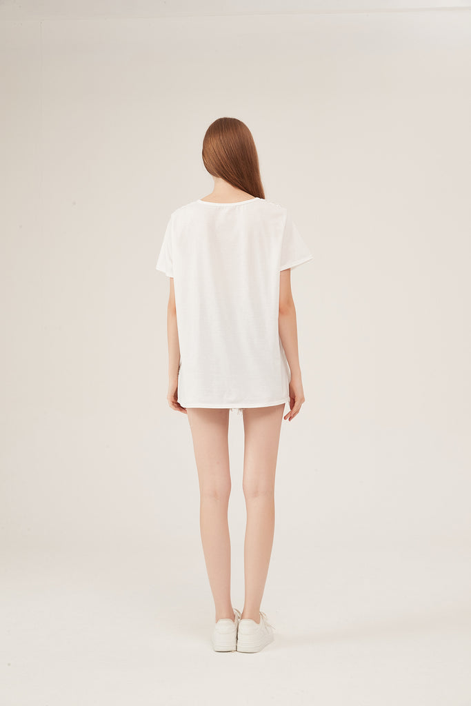 Lace Panel Floral Embroidery Button-Detail Loose White Blouse