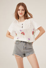 Load image into Gallery viewer, Lace Panel Floral Embroidery Button-Detail Loose White Blouse