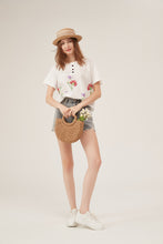 Load image into Gallery viewer, Lace Panel Floral Embroidery Button-Detail Loose White Blouse