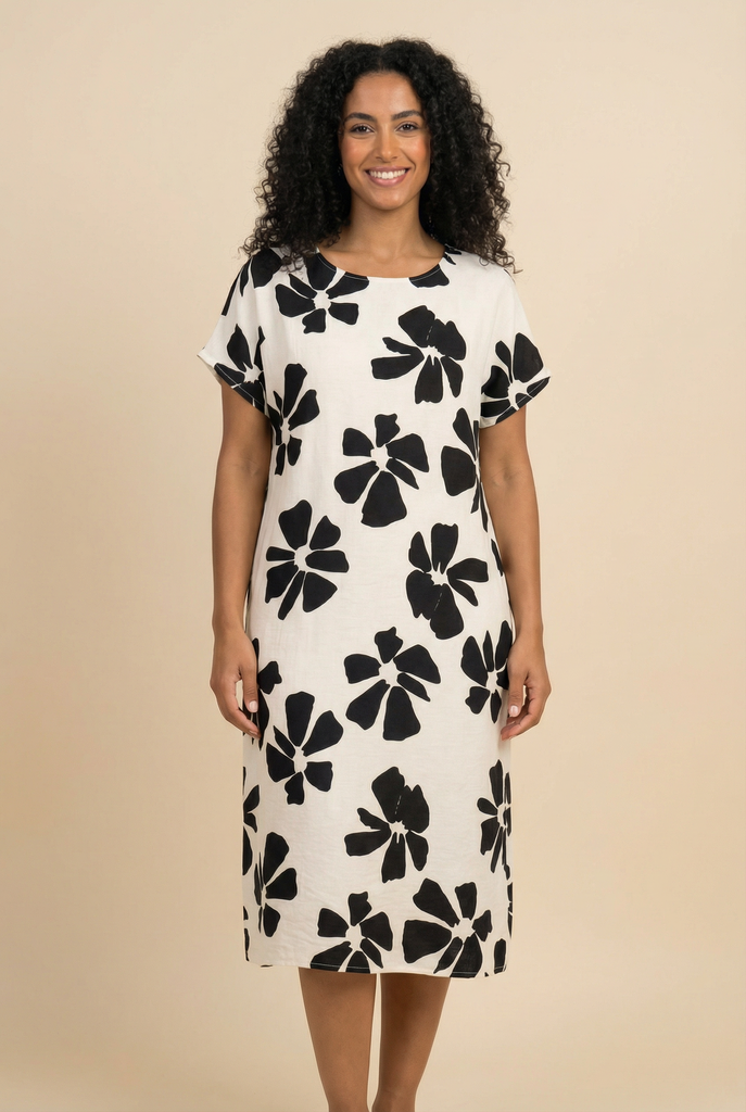 Bold Floral-Print Loose-Fit Midi Dress (2 Color Options)