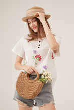 Load image into Gallery viewer, Lace Panel Floral Embroidery Button-Detail Loose White Blouse