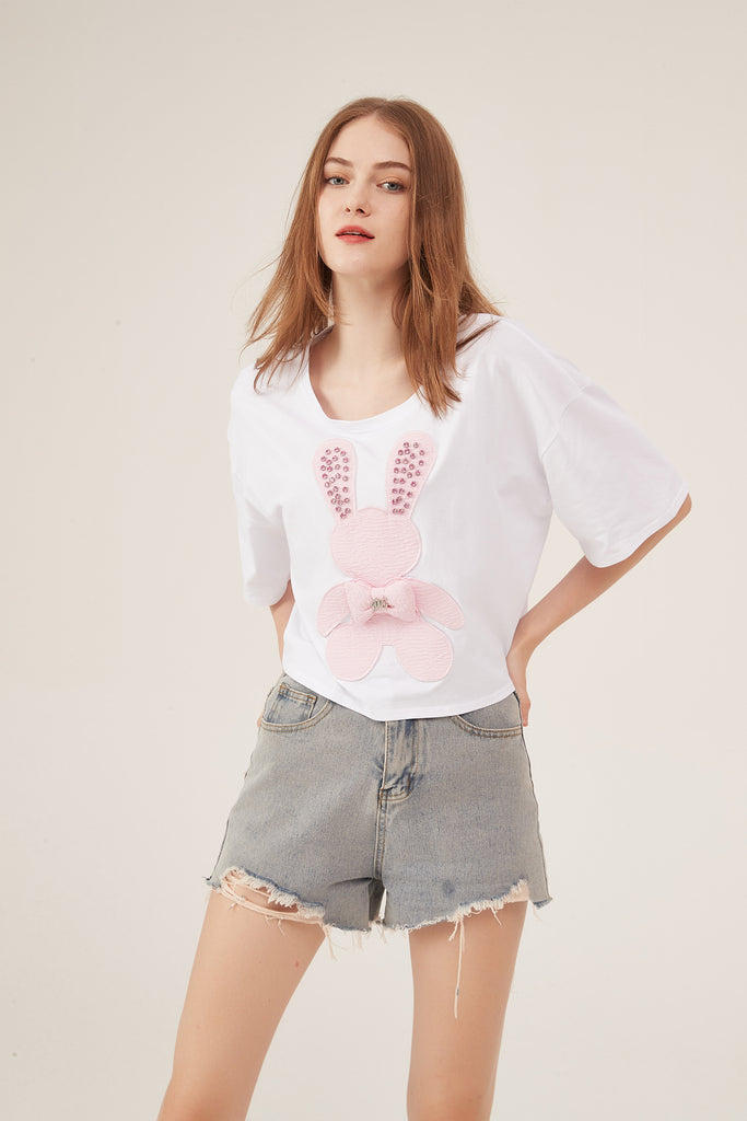 Cute Rabbit Applique Sequin Detail Loose White Crop Top