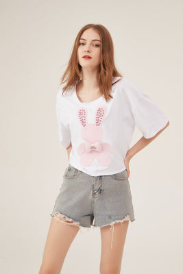 Cute Rabbit Applique Sequin Detail Loose White Crop Top