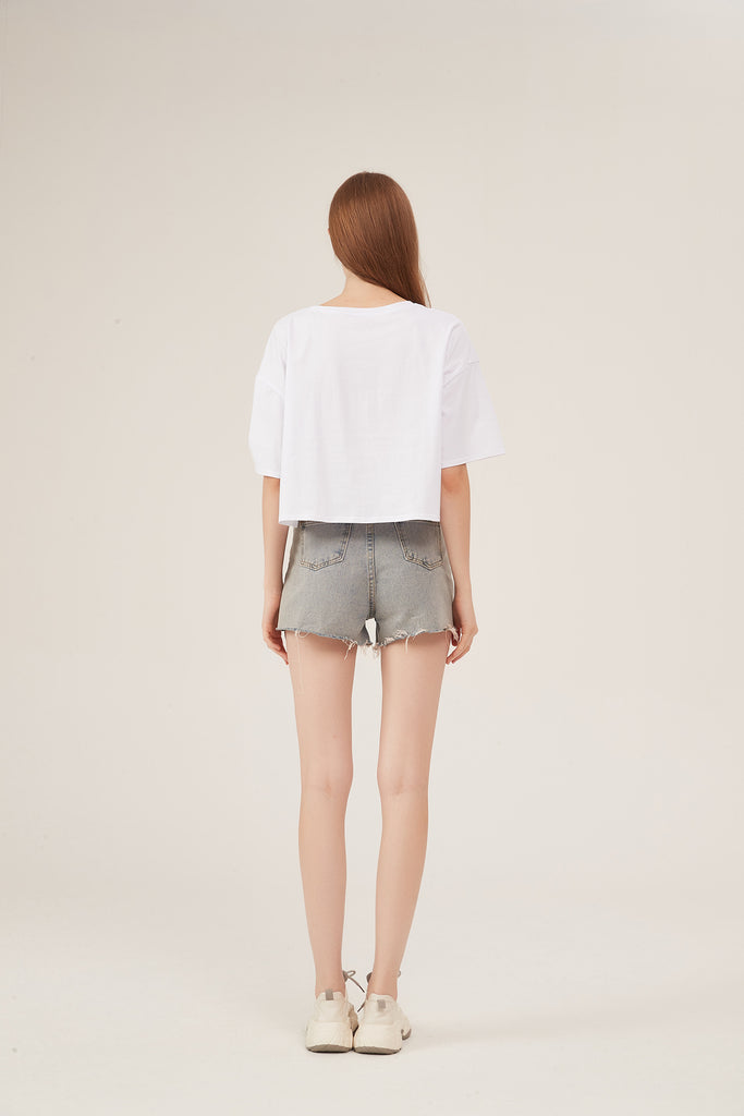 Cute Rabbit Applique Sequin Detail Loose White Crop Top