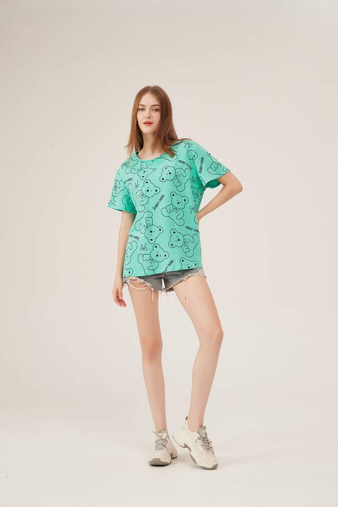 Mint Green Teddy Bear Print Oversized T-Shirt