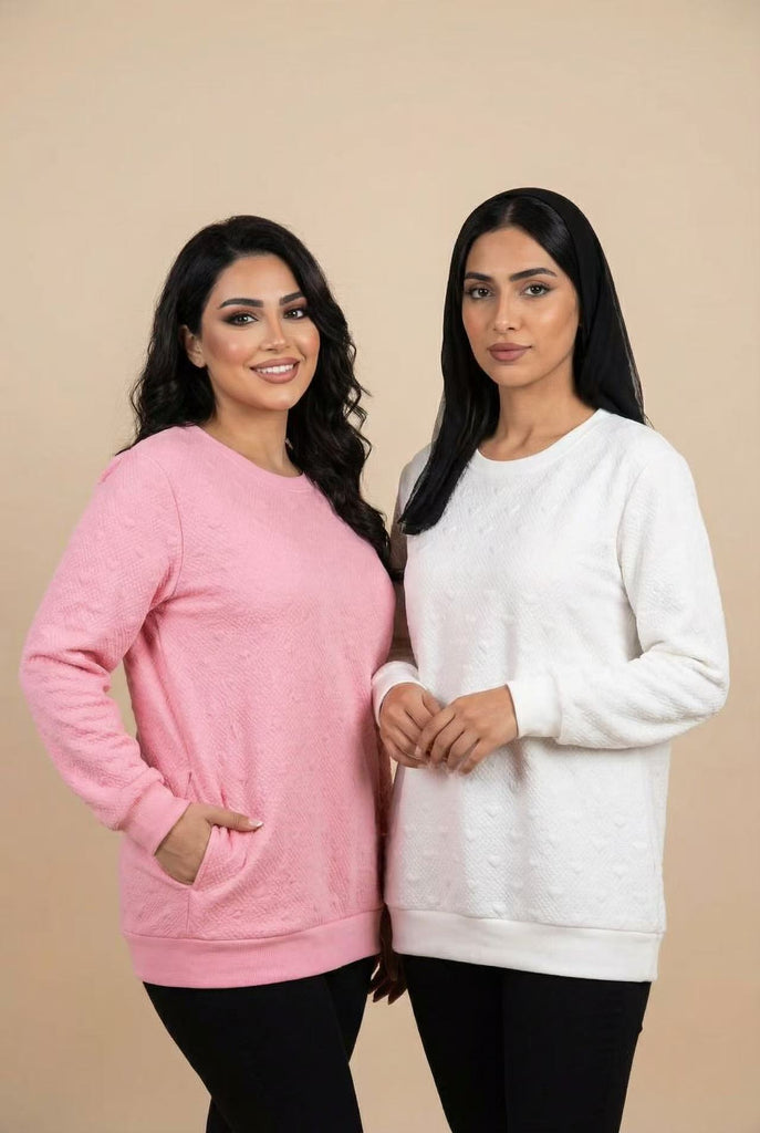 Heart-Embossed Textured Crew Neck Sweatshirt