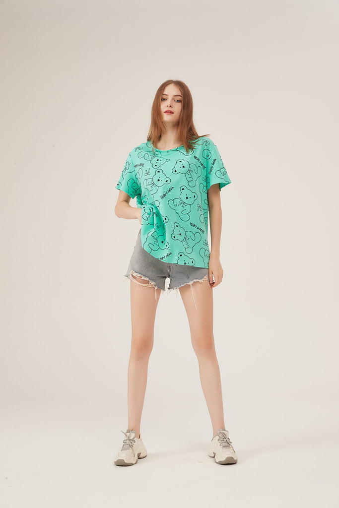 Mint Green Teddy Bear Print Oversized T-Shirt