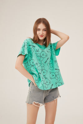 Mint Green Teddy Bear Print Oversized T-Shirt