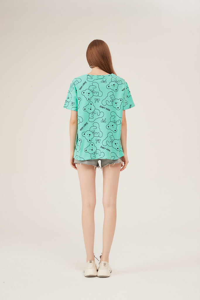 Mint Green Teddy Bear Print Oversized T-Shirt