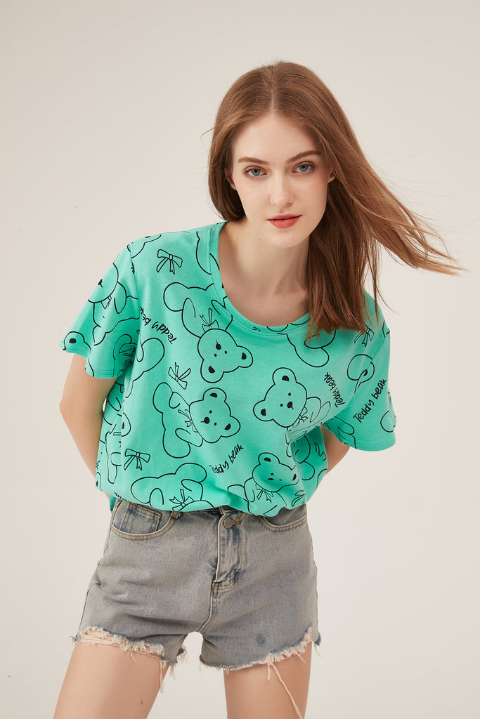 Mint Green Teddy Bear Print Oversized T-Shirt