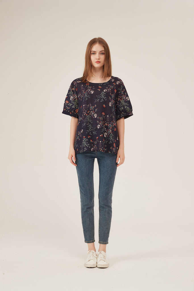 Dark Floral Print Puff-Sleeve Loose Blouse