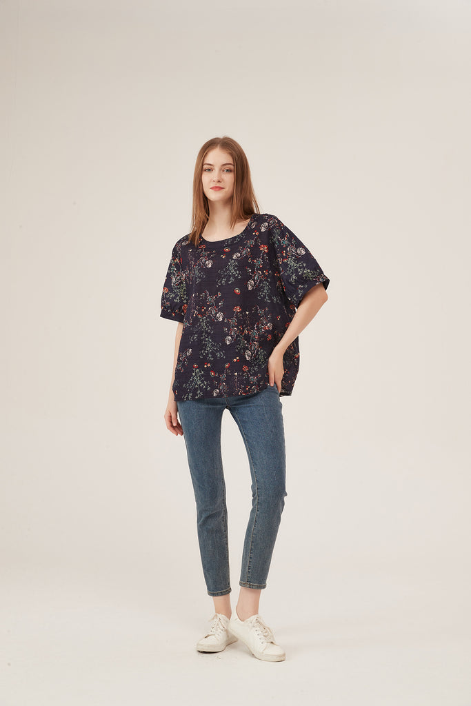 Dark Floral Print Puff-Sleeve Loose Blouse
