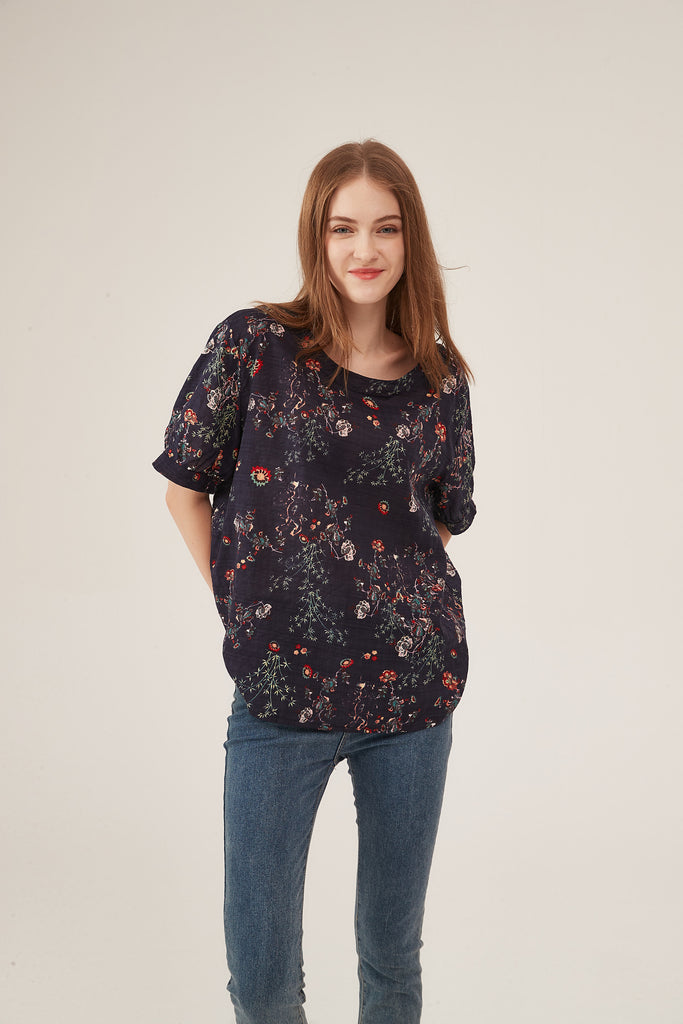 Dark Floral Print Puff-Sleeve Loose Blouse