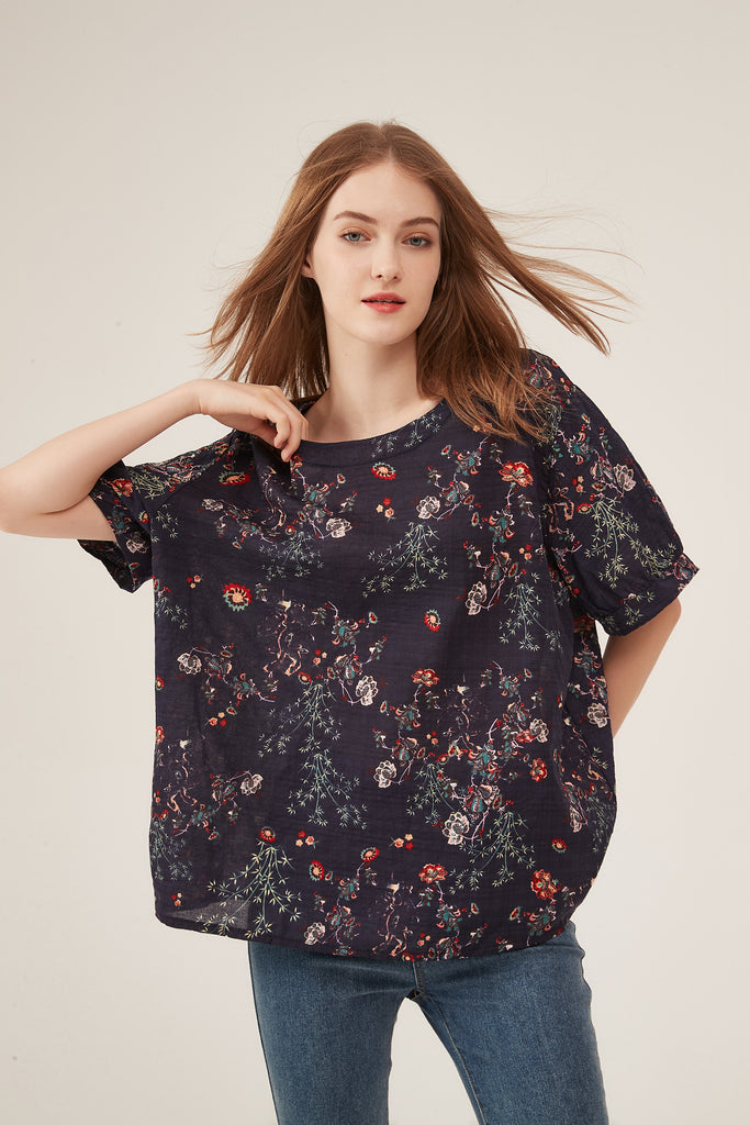 Dark Floral Print Puff-Sleeve Loose Blouse