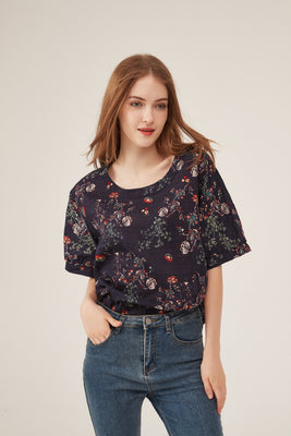 Dark Floral Print Puff-Sleeve Loose Blouse