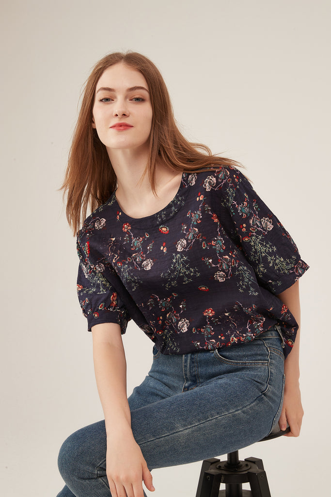 Dark Floral Print Puff-Sleeve Loose Blouse