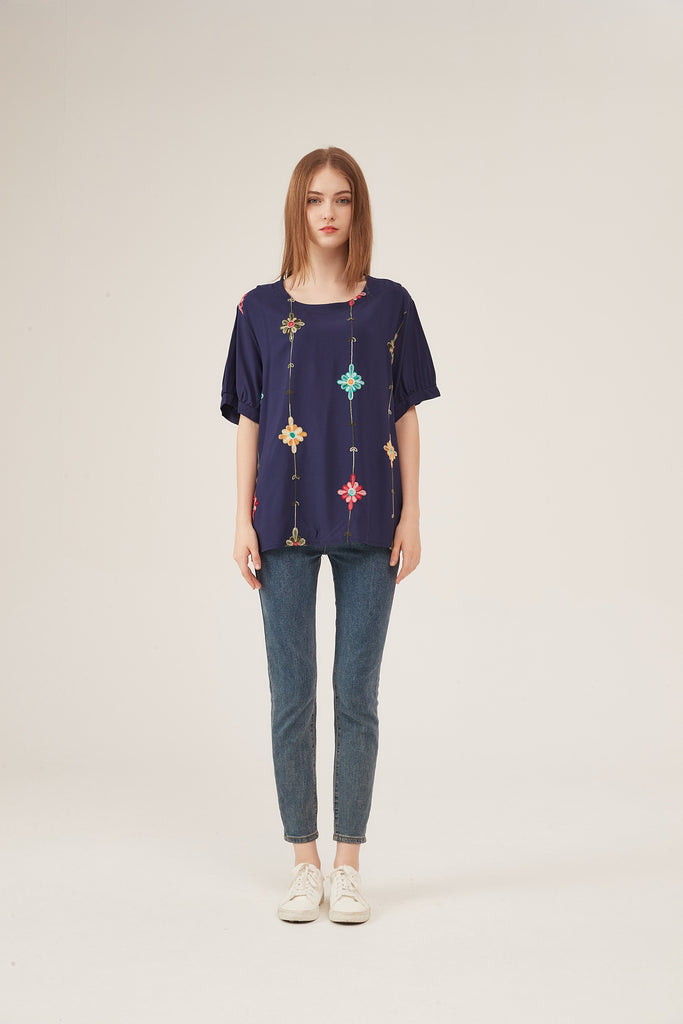 Navy Blue Floral Embroidery Puff-Sleeve Loose Blouse