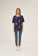Load image into Gallery viewer, Navy Blue Floral Embroidery Puff-Sleeve Loose Blouse