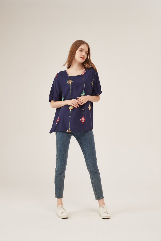 Navy Blue Floral Embroidery Puff-Sleeve Loose Blouse