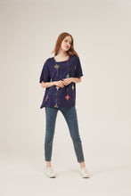 Load image into Gallery viewer, Navy Blue Floral Embroidery Puff-Sleeve Loose Blouse