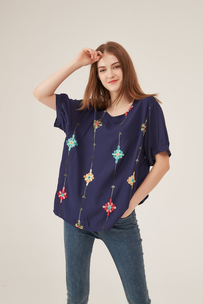 Navy Blue Floral Embroidery Puff-Sleeve Loose Blouse