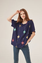 Load image into Gallery viewer, Navy Blue Floral Embroidery Puff-Sleeve Loose Blouse