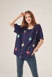 Navy Blue Floral Embroidery Puff-Sleeve Loose Blouse