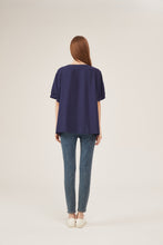 Load image into Gallery viewer, Navy Blue Floral Embroidery Puff-Sleeve Loose Blouse